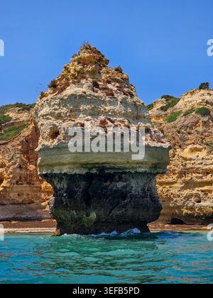 Le scogliere rocciose si innalzano da acque limpide lungo la costa dell'Algarve in una giornata di sole in Portogallo Foto Stock