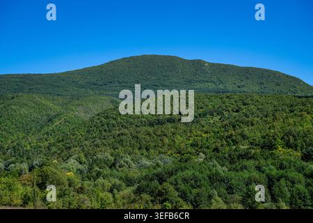 La vista aerea mostra fitte foreste e montagne del Parco Nazionale una in Bosnia ed Erzegovina con un cielo azzurro Foto Stock