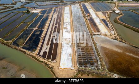 Esplorazione di saline e paesaggi costieri vicino a Tavira, nella regione dell'Algarve, in Portogallo, durante il giorno di sole Foto Stock