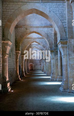 Architettura storica dell'Abbazia di Fontenay con archi e muri in pietra in Francia Foto Stock