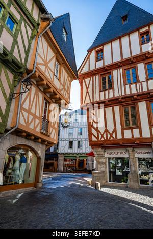 Strada stretta tra case di legno con negozi in Francia di giorno Foto Stock