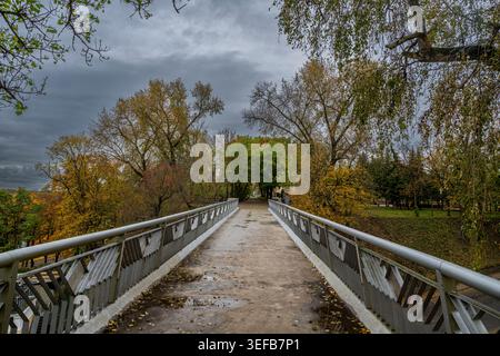 Il ponte nel parco Gomel offre una vista di alberi e cielo in autunno con nuvole grigie in alto a Gomel, Bielorussia Foto Stock