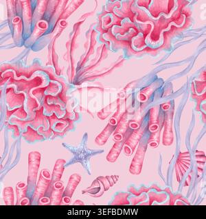 Motivo marino senza cuciture con coralli, conchiglie, alghe, stelle marine. Illustrazioni ad acquerello di animali subacquei. Sfondo disegnato a mano. Estate Foto Stock
