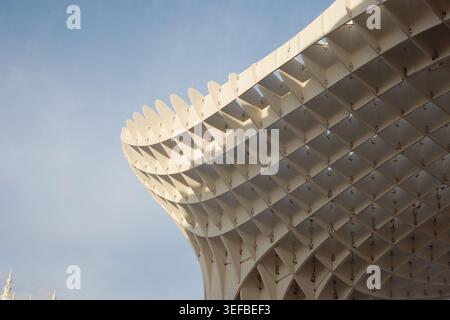 Primo piano astratto del bordo della tettoia a reticolo di legno ricurvo del Metropol Parasol, Las Setas, contro il cielo azzurro, Siviglia, Andalusia, Spagna. Foto Stock