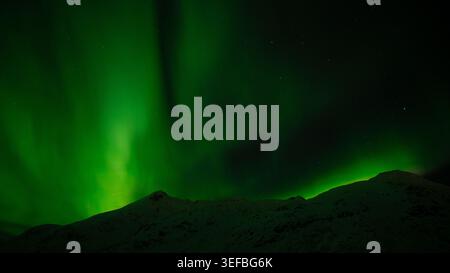 Intensa aurora boreale verde che riempie il cielo notturno sopra una cresta di montagna coperta di neve, regione di Tromsø, Norvegia artica, Scandinavia, inverno. Foto Stock