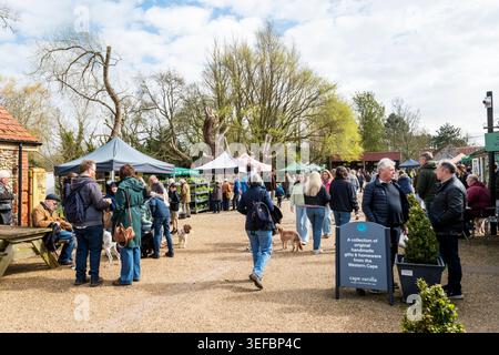 Persone e cani al mercato agricolo di Creake Abbey a Norfolk. Foto Stock