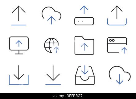 Icone di caricamento e download Imposta l'illustrazione del vettore di linea. Illustrazione Vettoriale