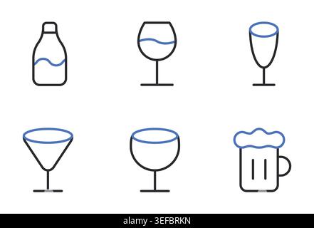 Le icone vino e bevande alcoliche impostano un'illustrazione vettoriale della linea del tratto modificabile. Illustrazione Vettoriale