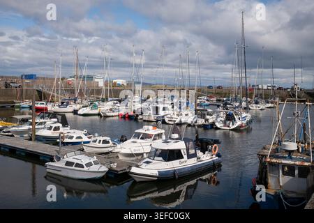 Yacht e barche ormeggiati a Nairn Harbour, Highland, Scozia Foto Stock