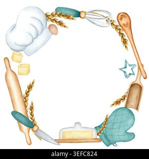 Illustrazione ad acquerello di una corona fatta di utensili da cucina disegnati a mano. Composizione rustica e accogliente con toni delicati e dettagli turchesi, perfetta per Foto Stock