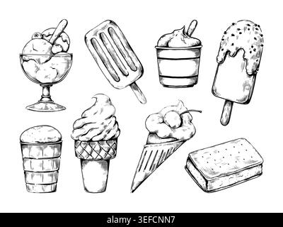 Schizzo con gelato. Gelato alla vaniglia in tazza di vetro, cioccolato fatto a mano o dolce al caramello, cono per waffle e dessert cremosi a base di latte estivo. Menu caffetteria o ristorante. Set isolato di cartoni animati vettoriali Illustrazione Vettoriale