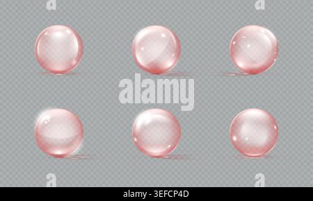 Set di sfere rosa di vetro. riflesso luminoso del sapone 3d, perle circolari di cristallo o bolla trasparente realistica con riflessi e ombre morbide. Sferico lucido. Illustrazione delle sfere isolate realistiche vettoriali Illustrazione Vettoriale