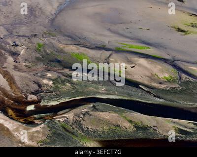 Veduta aerea degli intricati schemi di marea e dei canali d'acqua scura della baia di Findhorn con macchie di alghe verdi sulla sabbia di Findhorn, Scotland, United Foto Stock