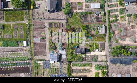Veduta aerea dell'Associazione Amateur Gardeners Het Kloosterpark, che mostra giardini organizzati, piccoli capannoni e serre a De Bilt, Utrecht, Nebraska Foto Stock