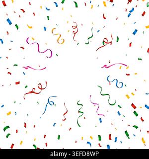 Coriandoli colorati e rastrelli ricciolati sparsi su uno sfondo bianco pulito, evocando festività, divertimento e gioia. Illustrazione Vettoriale