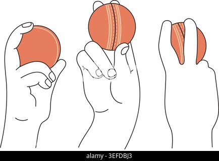 Set di impugnature per bowling a cricket. La mano professionale della sfera rossa posiziona la vista anteriore e posteriore laterale. Atleta di pelle bianca. Illustrazione vettoriale minimalista. Isolato Illustrazione Vettoriale