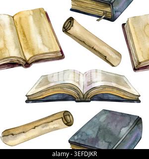 Motivo ad acquerello senza cuciture con libri aperti vintage e antichi rotoli. Gli elementi di libreria disegnati a mano con texture di carta obsolete creano un classico Foto Stock
