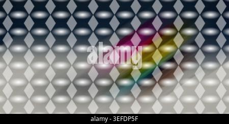 Uno sfondo astratto caratterizzato da una ripetizione di forme a diamante con centri luminosi e una striscia diagonale di brillante luce arcobaleno sul Foto Stock