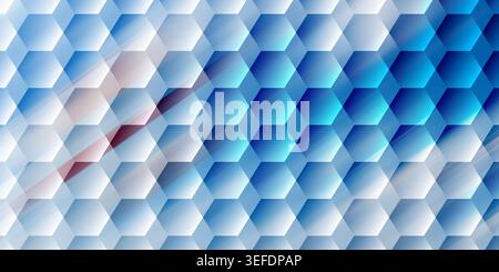 Uno sfondo astratto con un motivo esagonale 3D ripetuto in sfumature di blu chiaro e bianco, con morbide strisce di luce diagonali. Foto Stock