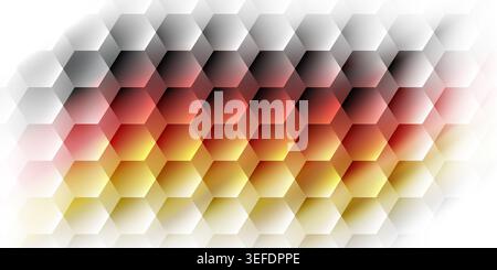 Sfondo astratto con forme esagonali nei colori della bandiera tedesca (nero, rosso, oro) che sbiadiscono su sfondo bianco. Foto Stock