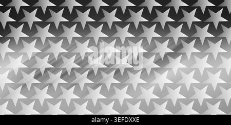 Un motivo senza cuciture di stelle a cinque punte disposte in una griglia, caratterizzato da un sottile effetto sfumato con toni di grigio chiaro e scuro. Foto Stock