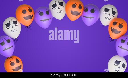 Banner con palloncini di Halloween. Palloncino con facce mostruose. illustrazione con rendering 3d. Foto Stock