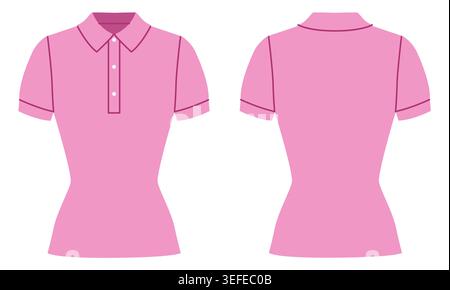Polo rosa aderente con colletto strutturato, abbottonatura a maniche corte con silhouette liscia e struttura raffinata. Illustrazione tecnica di moda in tinta piatta, vista anteriore e posteriore. Vettore Illustrazione Vettoriale