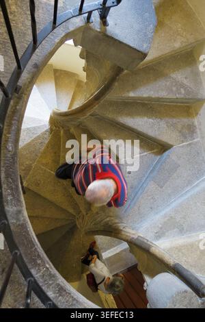Vista dall'alto della storica scala a chiocciola Doppelwendeltreppe costruita in pietra Foto Stock