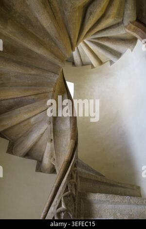 Vista dall'alto della storica scala a chiocciola Doppelwendeltreppe costruita in pietra Foto Stock