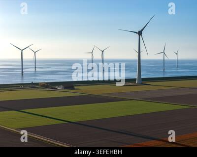 Vista aerea delle turbine eoliche in piedi in mare e lungo i campi agricoli sotto un cielo azzurro limpido a Noordoostpolder, nei Paesi Bassi. Foto Stock