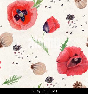 Fiori di papavero rosso, gemme, cialde di semi, semi sparsi motivo acquerello senza cuciture sulla crema. Composizione botanica naturale per tessuti, carta da imballaggio Foto Stock