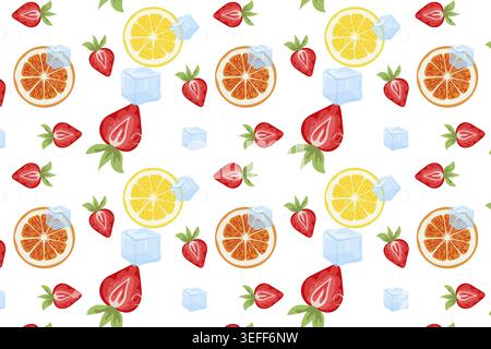 Motivo senza cuciture con fragole acquerelli, fette di arancio e limone e cubetti di ghiaccio su sfondo bianco, illustrazione della frutta estiva Foto Stock
