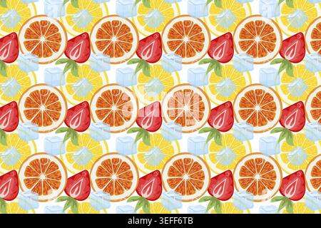 Vivace motivo senza cuciture con fette di arancio e limone, fragole e cubetti di ghiaccio, foto a pieno formato di agrumi estivi Foto Stock