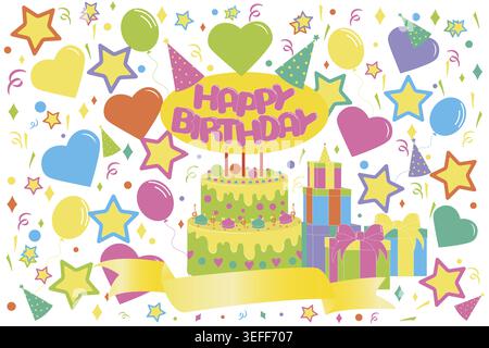 Colorato biglietto d'auguri Happy Birthday con torta a tre livelli, palloncini, scatole regalo, stelle e coriandoli su sfondo bianco, festività per i bambini Foto Stock