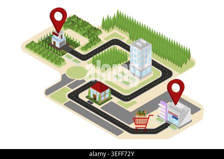 Mappa isometrica della città con spille rosse, edifici, strade, alberi e carrello su sfondo bianco, navigazione urbana e vettore i del percorso di consegna Foto Stock