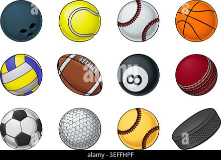Set di palloni sportivi palline sportive icone di giochi mezzitoni Illustrazione Vettoriale