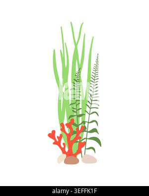 Corallo stagno rosso con alghe verdi e pietre isolate su sfondo bianco per la decorazione di acquari marini, grafica didattica subacquea e SUM Illustrazione Vettoriale