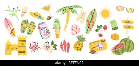 Set di adesivi da spiaggia per le vacanze estive. Illustrazione piatta di tavole da surf, macchina fotografica e altri accessori per la spiaggia e le vacanze. Gelato, anguria, fragole e mojito con elementi tropicali. Illustrazione Vettoriale