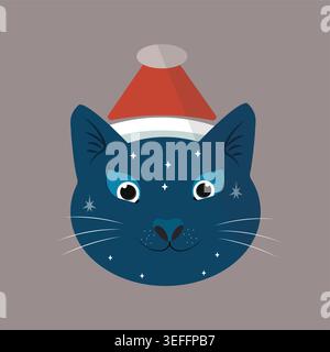 Simpatico gatto di Natale che indossa un cappello di Babbo Natale in stile cartoni animati festivi. Illustrazione Vettoriale