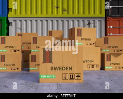 Scatole davanti alla spedizione contenitori etichettati Free Trade, Export e Sweden Foto Stock