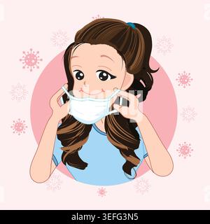 Ragazza carina che indossa la maschera medica per la protezione dei virus e l'illustrazione del cartone animato di assistenza sanitaria. Illustrazione Vettoriale