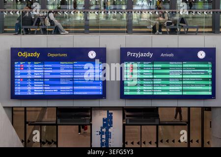 Varsavia, Polonia - 13 aprile 2026: Orari elettronici dei treni con orari di partenza e di arrivo in un affollato atrio della stazione ferroviaria, raffigurante trave Foto Stock