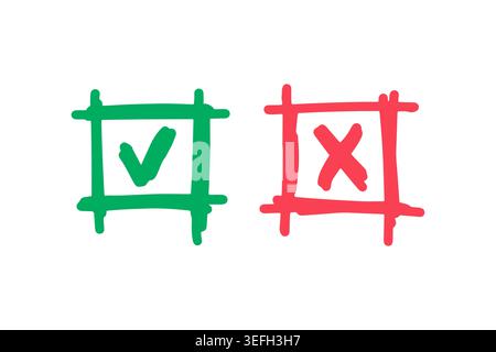 segno di spunta verde, segno di annullamento rosso. simboli di approvazione e di annullamento disegnati a mano Illustrazione Vettoriale