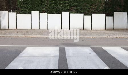 Moderna recinzione bianca in cemento con siepe direttamente dietro di essa. Marciapiede e strada in cemento con segnaletica stradale a strisce. Sfondo per lo spazio di copia. Foto Stock