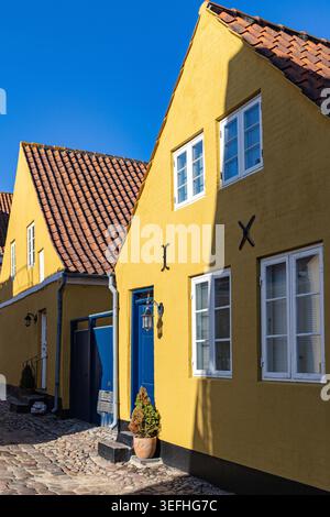 Vista delle storiche case gialle con tetti di piastrelle arancioni e porte blu lungo una strada acciottolata sotto un cielo azzurro a Ribe, Danimarca. Foto Stock