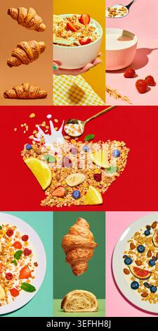 Collage colazione con croissant, muesli, yogurt, frutti di bosco e pannelli colorati Foto Stock