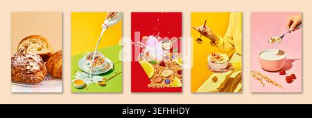 Collage colazione con croissant, muesli, yogurt, bacche e piatti colorati. Foto Stock