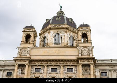 Vista della cupola ornata e della facciata classica del Museo di storia naturale sotto un cielo coperto a Vienna, Vienna, Austria. Foto Stock