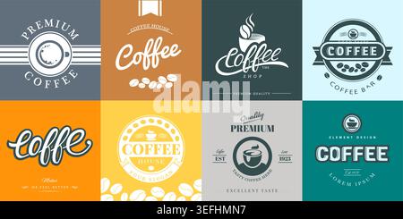 Set di etichette e logo per l'illustrazione vettoriale del design del timbro di imballaggio. Elementi per caffè di qualità superiore. Logo di design adesivo per il caffè. Illustrazione Vettoriale