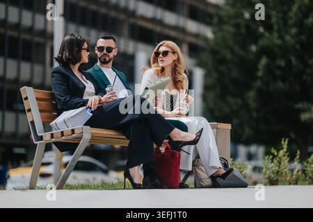 Tre uomini d'affari che organizzano una riunione informale all'aperto su una panchina della città con documenti Foto Stock